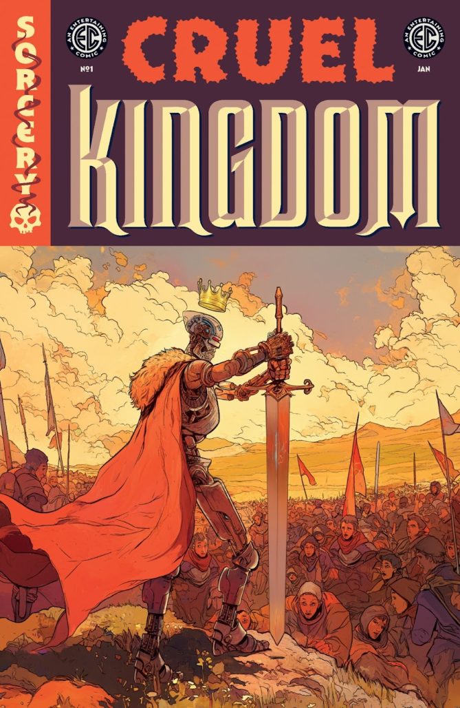 EC Comic's Cruel Kingdom where a knight with a greatsword stands amongst a crowd, a crown hovering over his head
