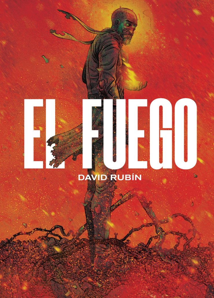 El Fuego cover in red with a person standing at center