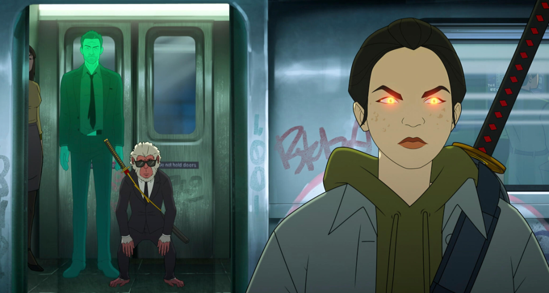 Bryce, Monkey and Haruka in Marvel's Hit-Monkey season 2.