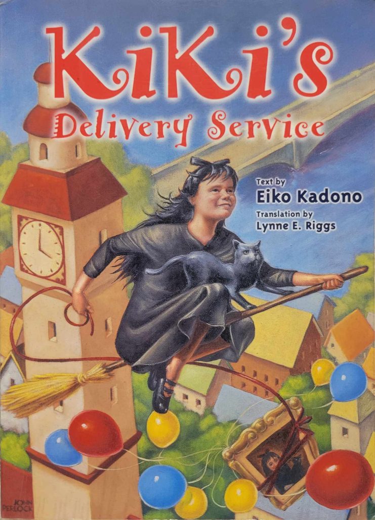 kiki's delivery service. witch girl and black cat on broom flies through city