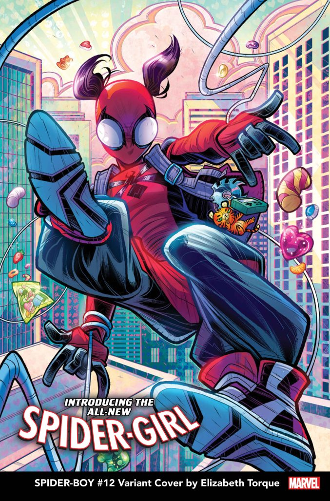 Elizabeth Torque variant of Spider-Girl with candy and items falling out of her backpack