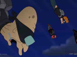 TV Review: FUTURAMA season 12 boldly goes where the series hasn’t gone before Farnsworth's 4 (Hubert, Zoidberg, Fry and Leela) skydiving.