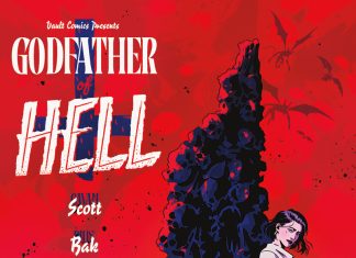 Vault’s GODFATHER OF HELL makes the case for a different sort of Underlord A white man sits on a very tall throne of skulls. A white woman leans against it.