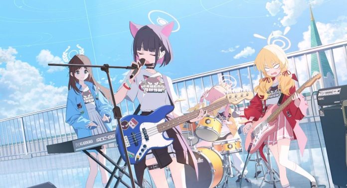 image202407041708432 Blue Archive's Summer Update artwork featuring 4 girls playing music on the rooftop of a school.