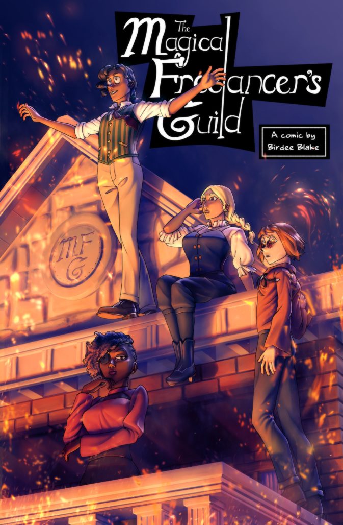 magical freelancer's guild. four individuals stand on the roof of a burning stone building