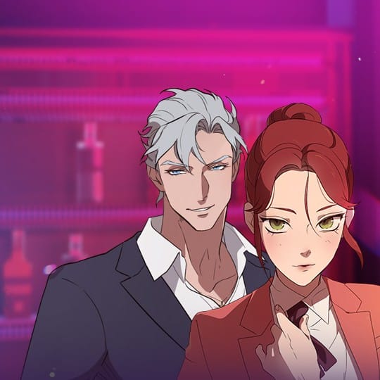 the mafia nanny. stoic red haired woman with smug white haired man standing behind her