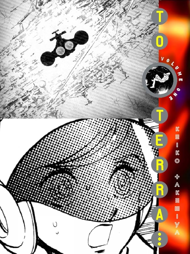 to terra. spaceship flies around from the camera in upper half of cover. on lower half, the shocked face of a teenage boy wearing a space helmet.