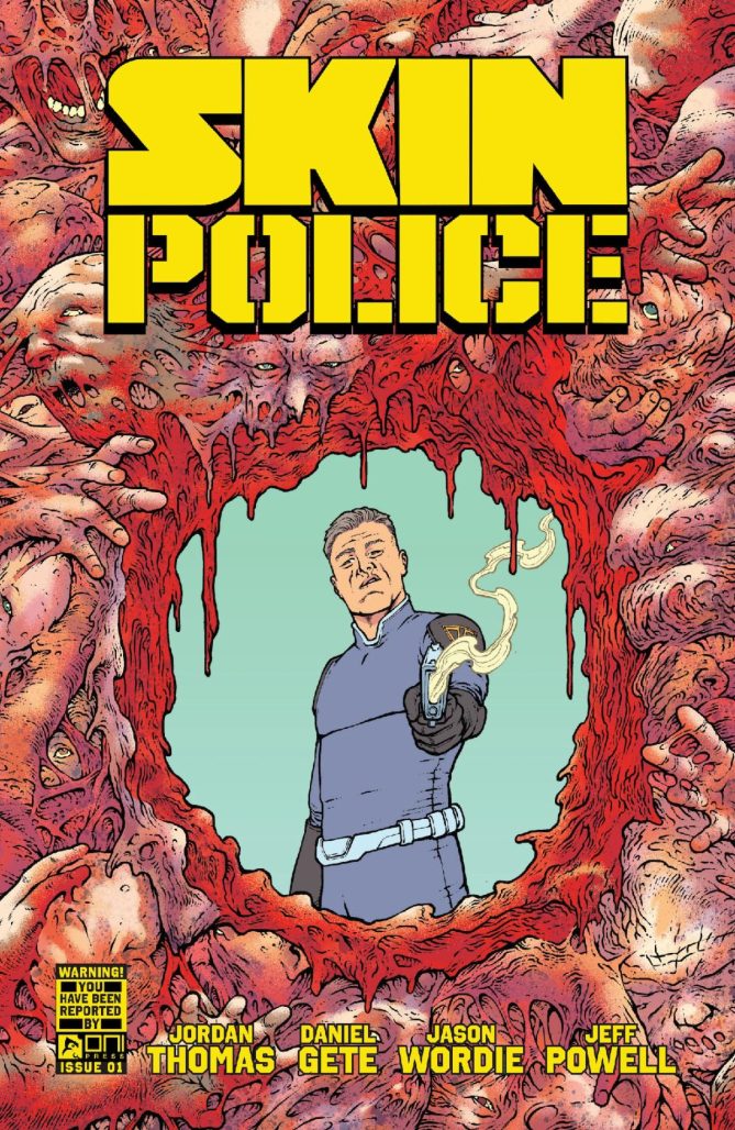 Skin police cover of guts having a hole blown through it, and in that hole, is a blue-suited man with a smoking gun that just fired.
