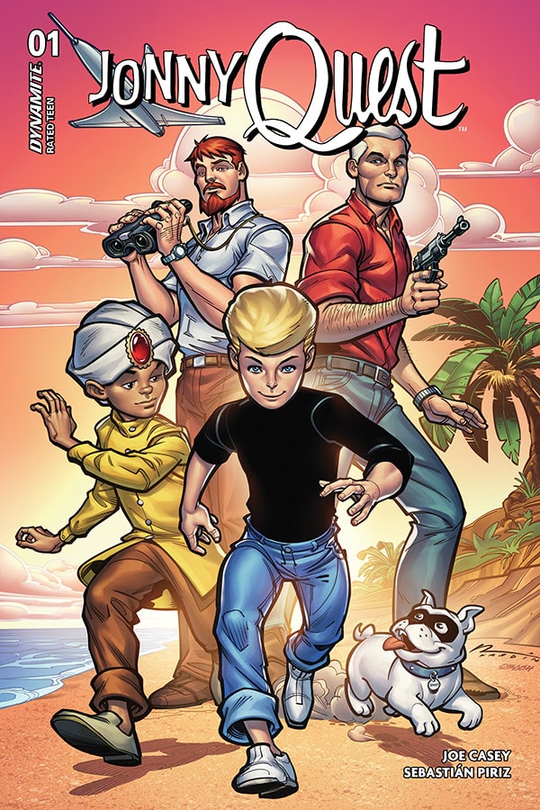  johnny quest seeing the team on the beach dynamite comic logo on left
