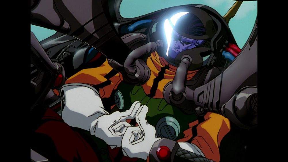 macross plus. green-skinned "zentradi" pilot meditates in cockpit, wearing a helmet