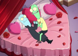 Video Interviews: SOLAR OPPOSITES season 5 cast and executive producers Terry and Korvo in a heart-shaped bed on Solar Opposites.