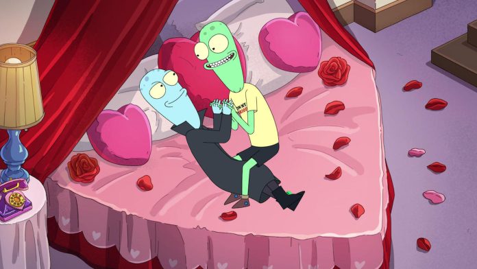 Terry and Korvo in a heart-shaped bed on Solar Opposites.
