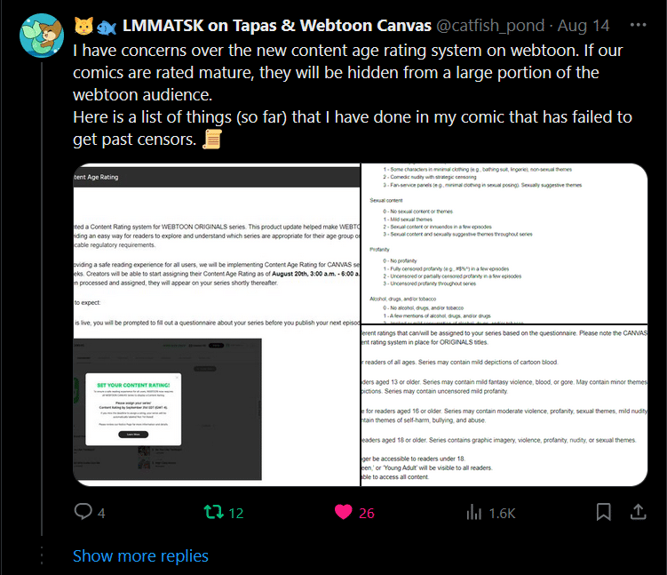 Screenshop of user Catfish_pond's X/Twitter thread about how her comic has to be edited to pass censors on Webtoon Canvas. 