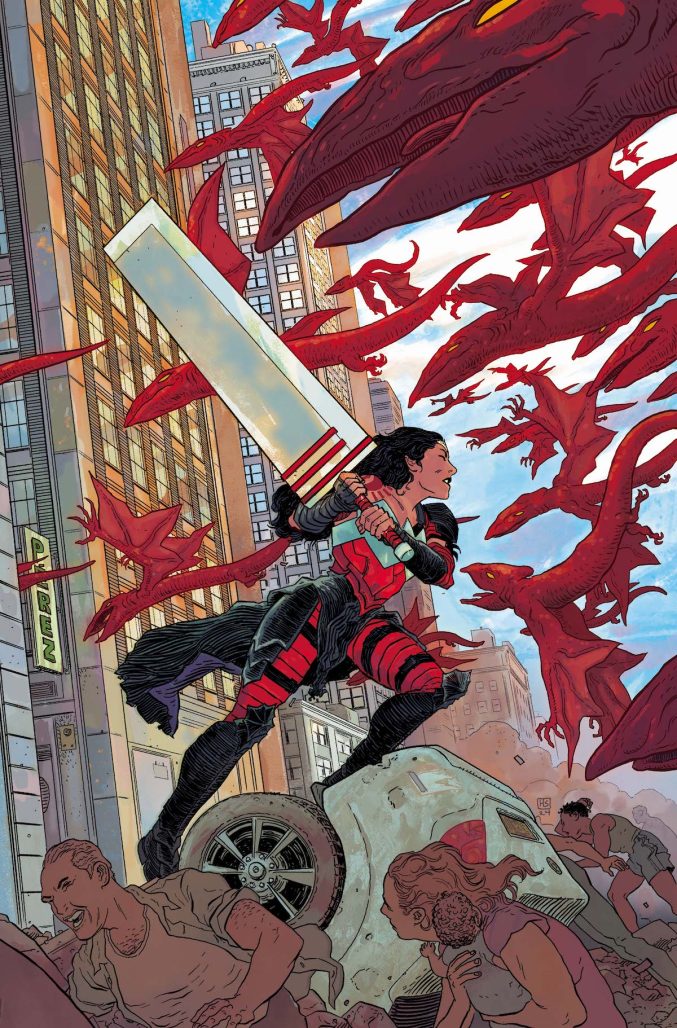 Wonder Woman taking on a legion of dragons in absolute wonder woman comic
