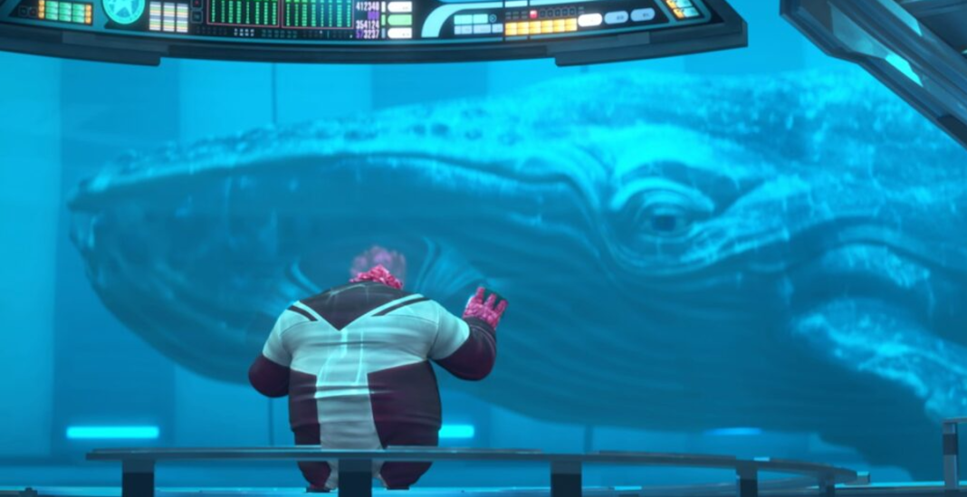 Rok-Tahk looks at Gillian the Humpback Whale in the USS Voyager-A's Cetacean Ops department. From Star Trek: Prodigy season 2.