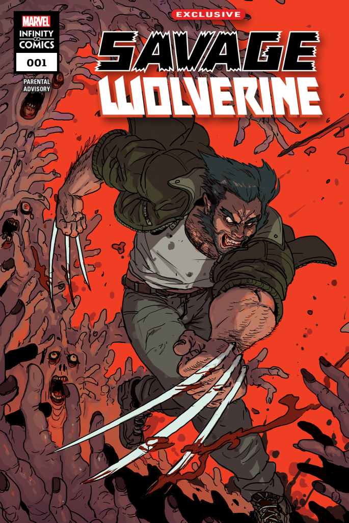 Savage Wolverine sees Logan cutting through a monster with many fingers across the red backdrop