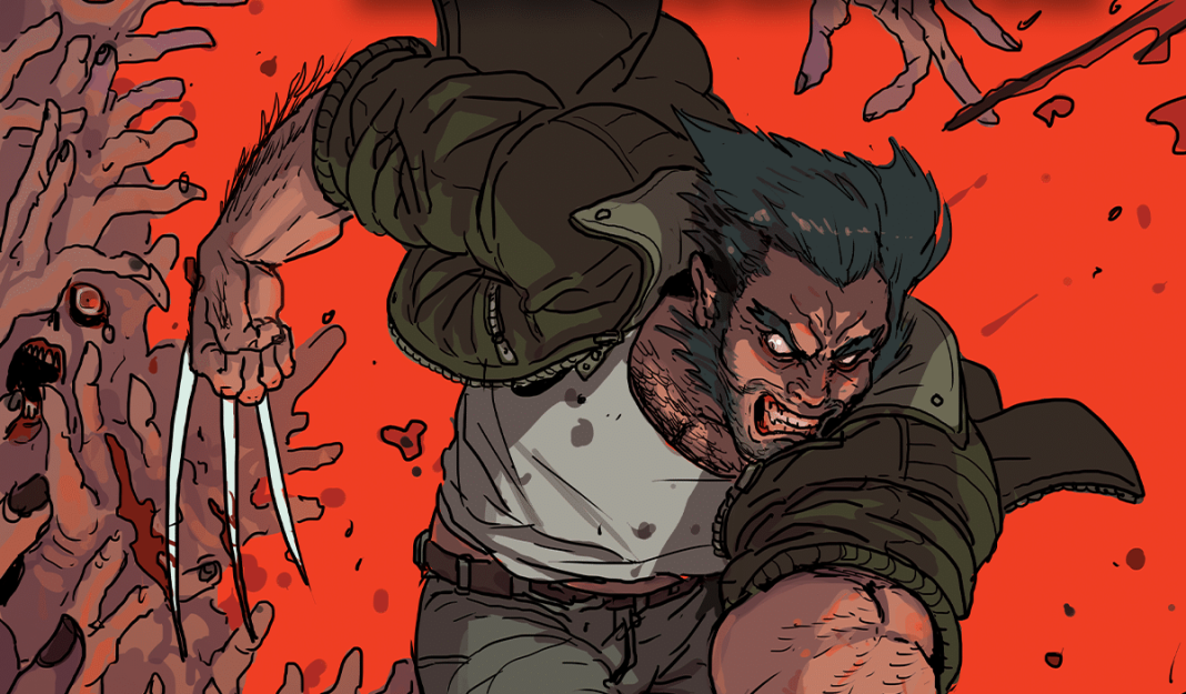 Savage Wolverine sees Logan cutting through a monster with many fingers across the red backdrop