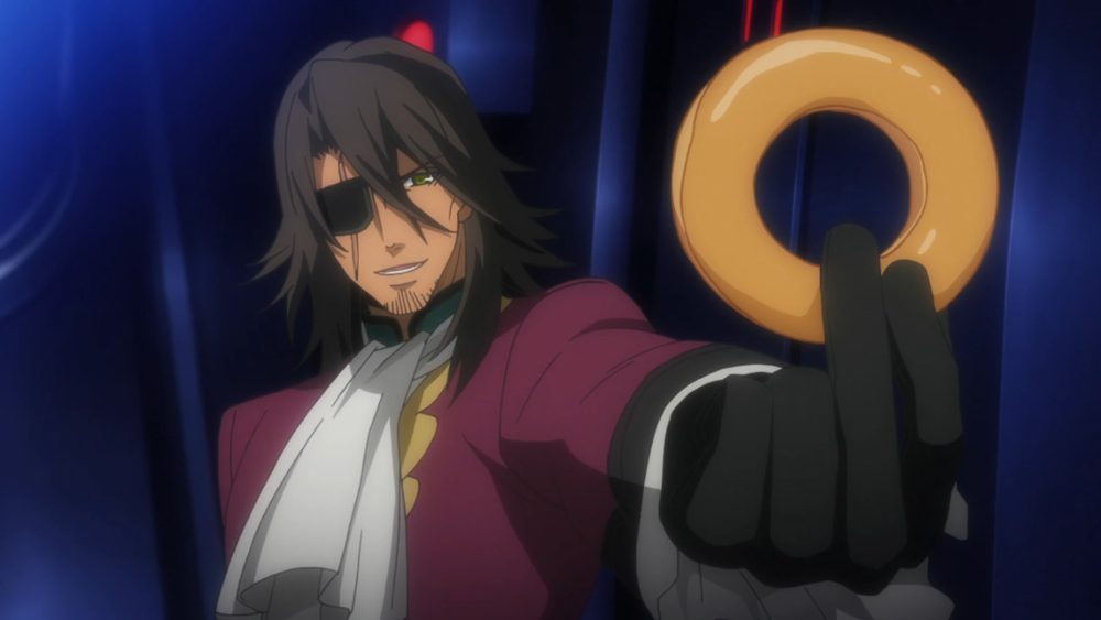 Aquarion Evol. Eyepatch wearing man holds up doughnut to camera.