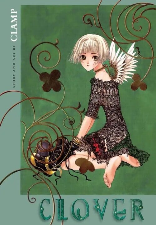 clover. young blonde-haired girl with wings kneels against a green background.
