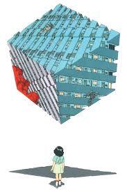 Domu. A young girl looks up at a giant cube-like apartment complex.