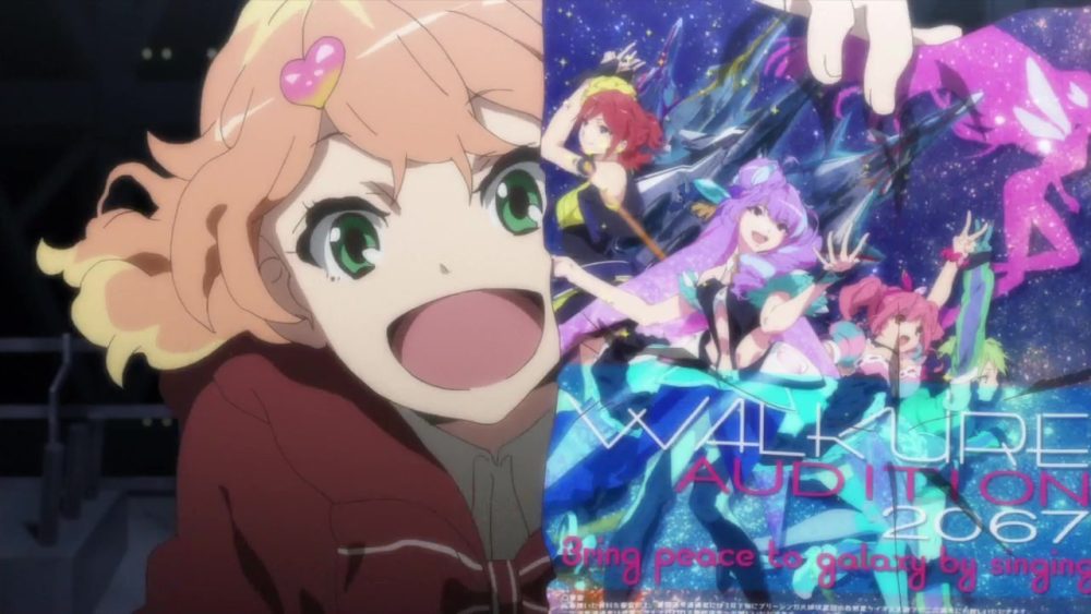 macross delta. smiling orange haired girl holds up poster for idol concert