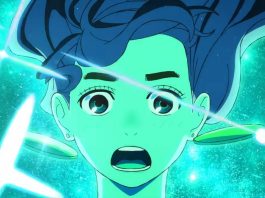 shocked psychic girl against sparkling blue background