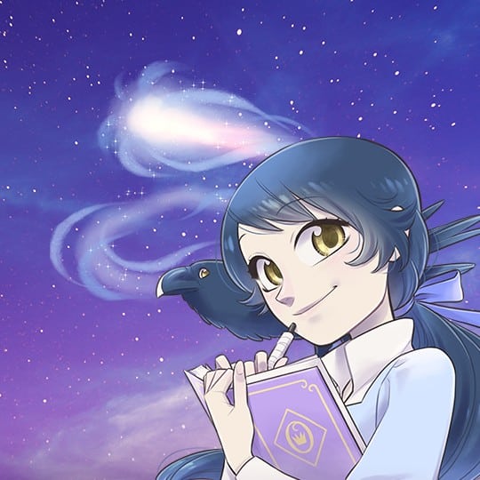 raven saga young girl with raven holds book against starry purple sky