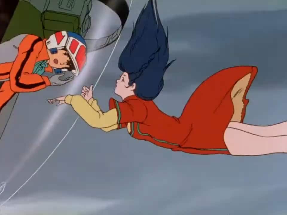 sdf macross. teenage girl with long black hair in red dress falls from sky, facing teenage boy sitting with helmet in valkyrie cockpit