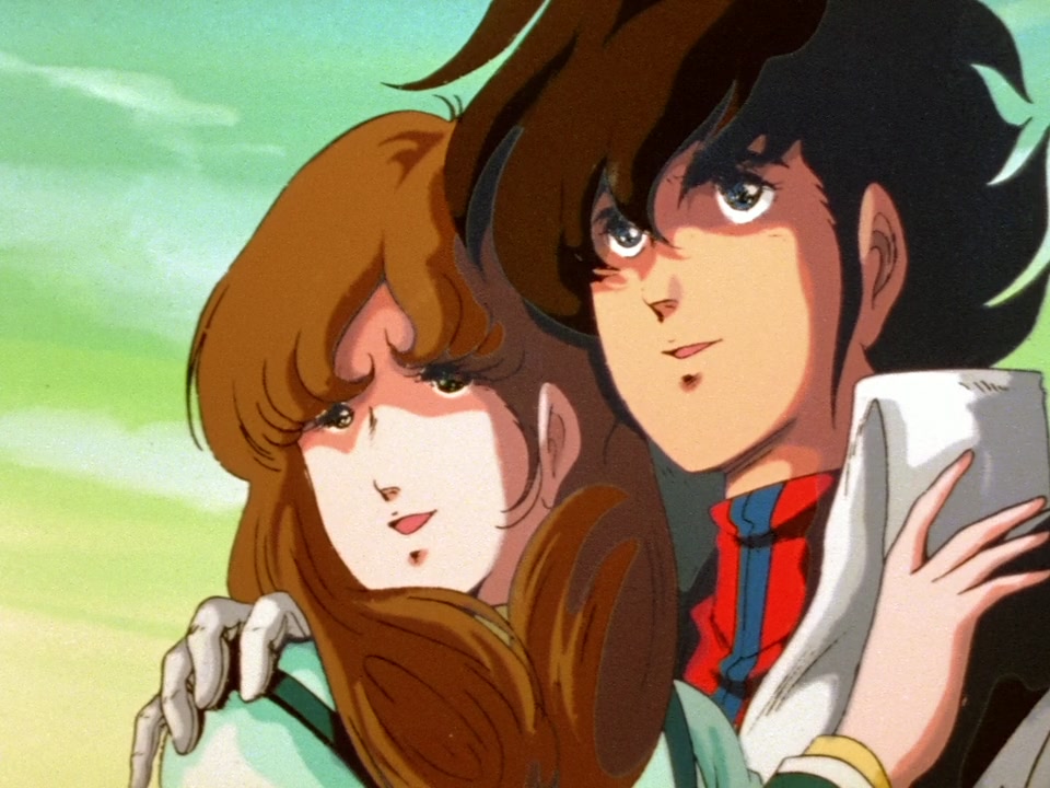 sdf macross. teenage boy and girl hold each other as they look off into the distance