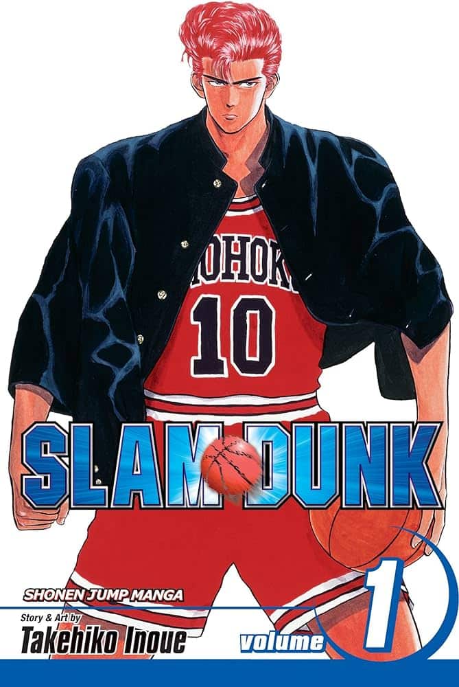 slam dunk red haired teen with black jacket and basketball
