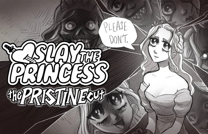 Slay The Princess princess with logo for the pristine cut in black and white