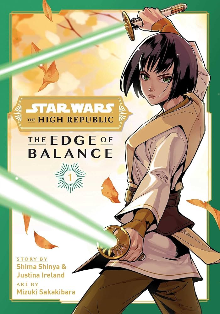 star wars the high republic: the edge of balance. woman wearing jedi garb and short black hair wields two green lightsabers while facing the reader.