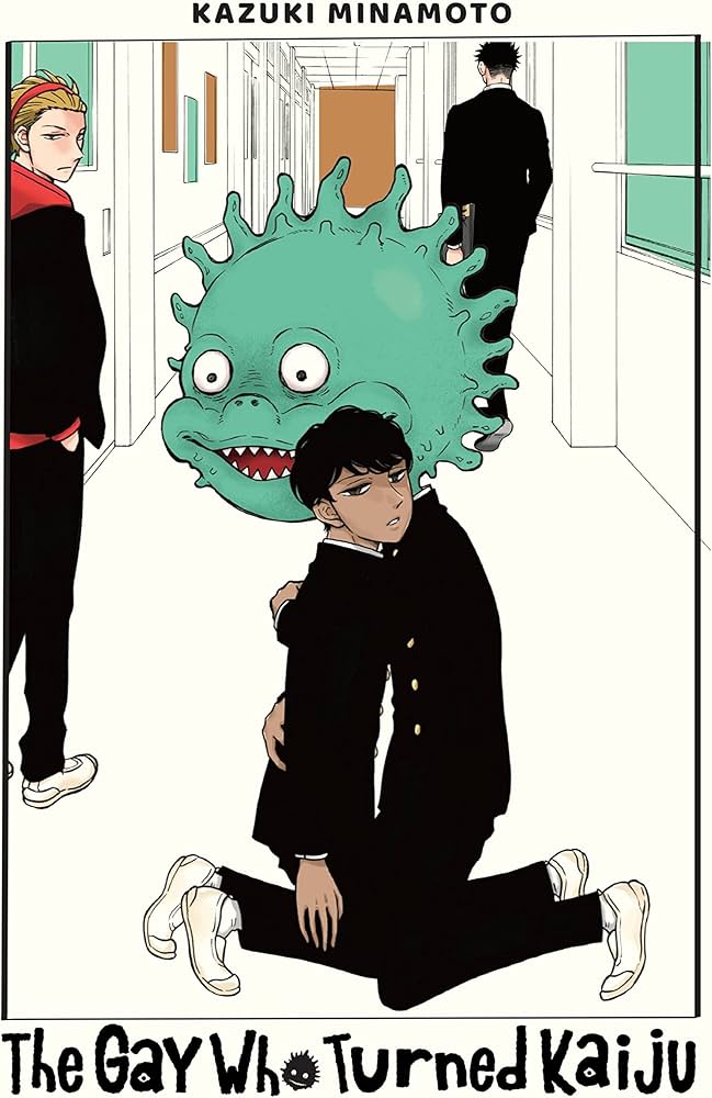the gay who turned kaiju. a boy with a large toothy green head holds another boy. both are wearing black japanese school uniforms: long sleeves and pants. they are kneeling in the halls of a high school. one boy looks at them skeptically in the background, another in the distance faces away.