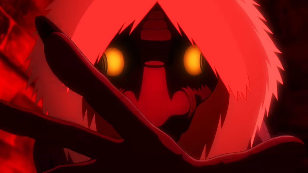 old woman spirit with yellow eyes reaches for camera in red lighting