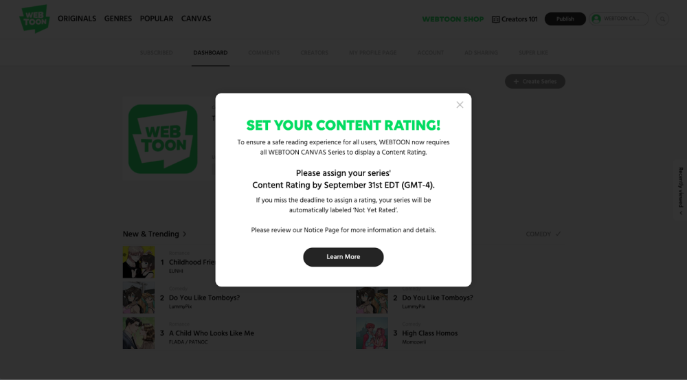 A notification reminding creators on Canvas to set their content rating by September 31st 