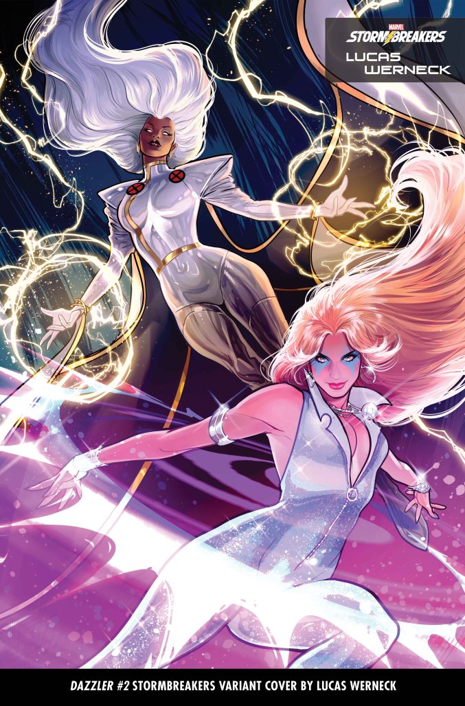 Storm summons lightning in the back while dazzler dazzles in the front 