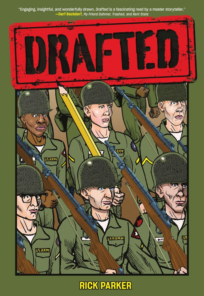 drafted cover art in green sees military privates in uniform marching, the center soldier holding a large pencil in lieu of a military rifle, unlike his in-file surrounding cohorts