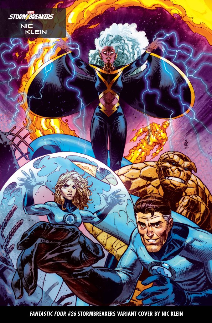Storm conjures lightning as Johnny storm leaves firey streaks in the air behind her. Thing and Mr. Fantastic are in the foreground and to their right, is Susan Storm with a force field bubble around her.