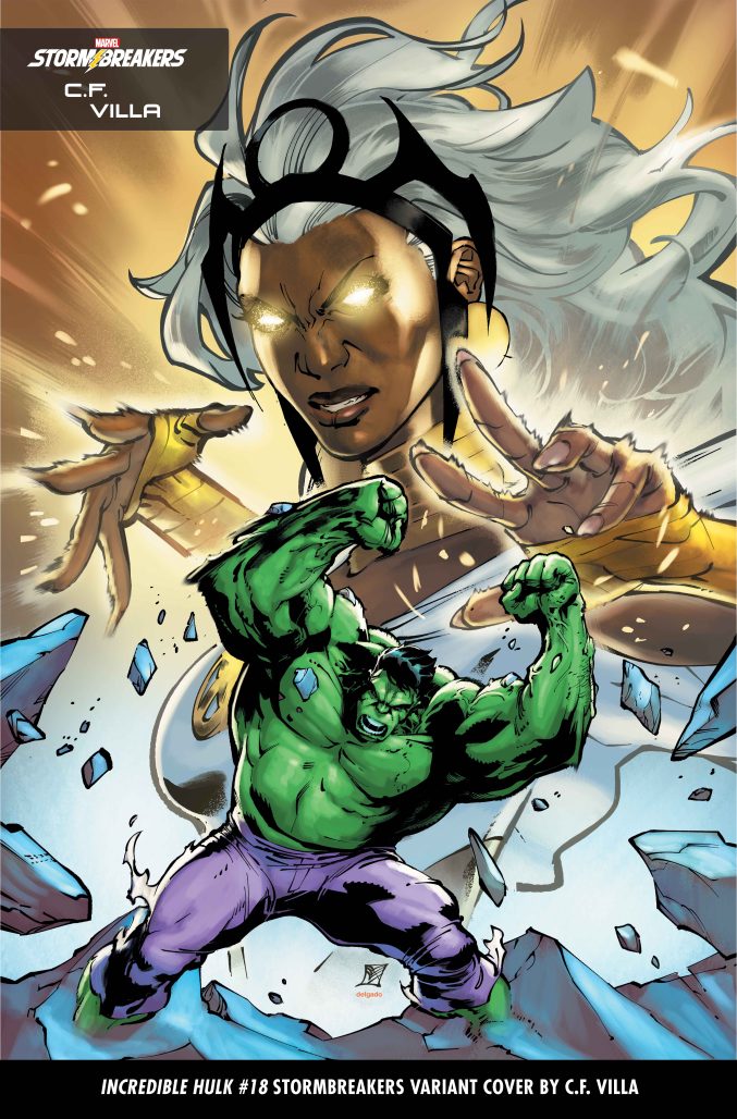 In the backdrop from chest up is Storm waving her hands with her eyes glowing. Hulk in the foreground, raises his arms as he's about to smash the ground again - rocks flying in the air.