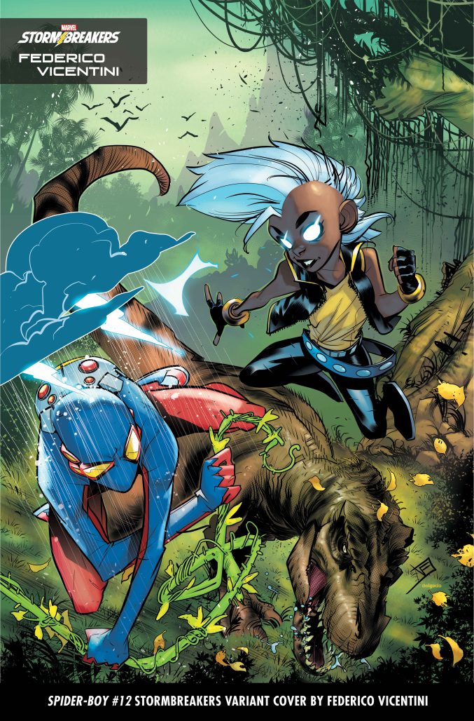 spider-boy swings from a vine as a flying chibi-storm summons a raincloud over him. At the ground of this jungle, is a hungry T-Rex.