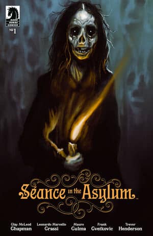 Seance in the asylum cover of a figure in black with a orange dagger and a skull mask