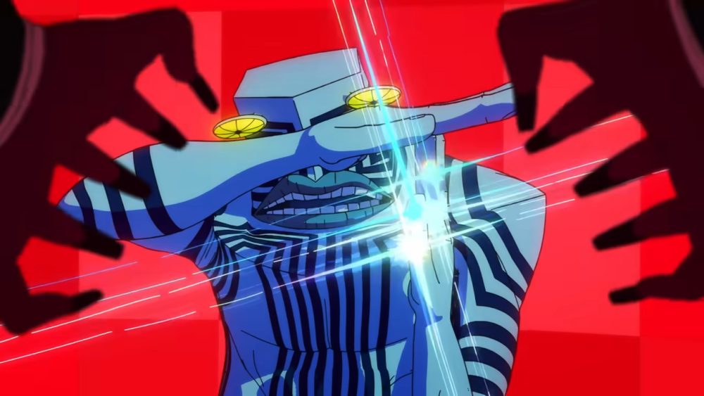 dandadan alien prepares to shoot laser as turbo granny reaches out from in front