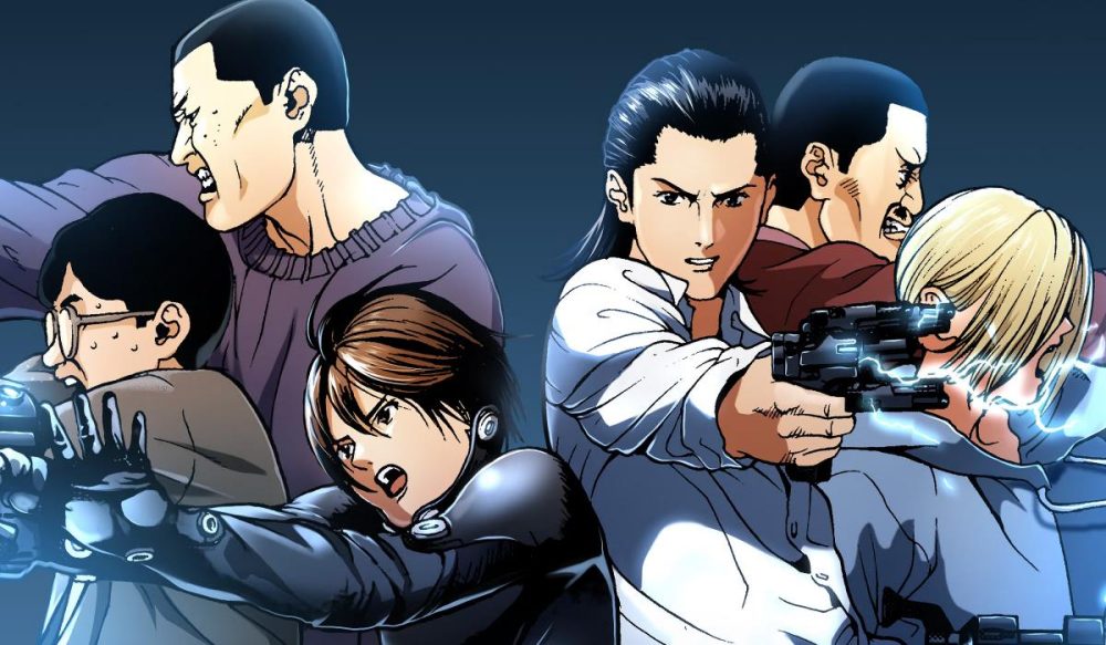 Gantz:T image. Various adults pose at the screen and shoot laser guns. A woman with short hair at front left is wearing a black leather suit. A man with long hair at front right is pointing a laser gun at an oncoming enemy.