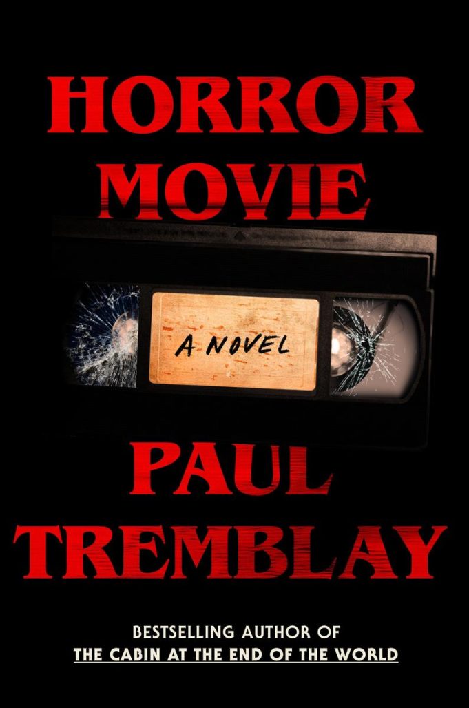 a novel label on a vhs tape with horror movie logo in foreground 