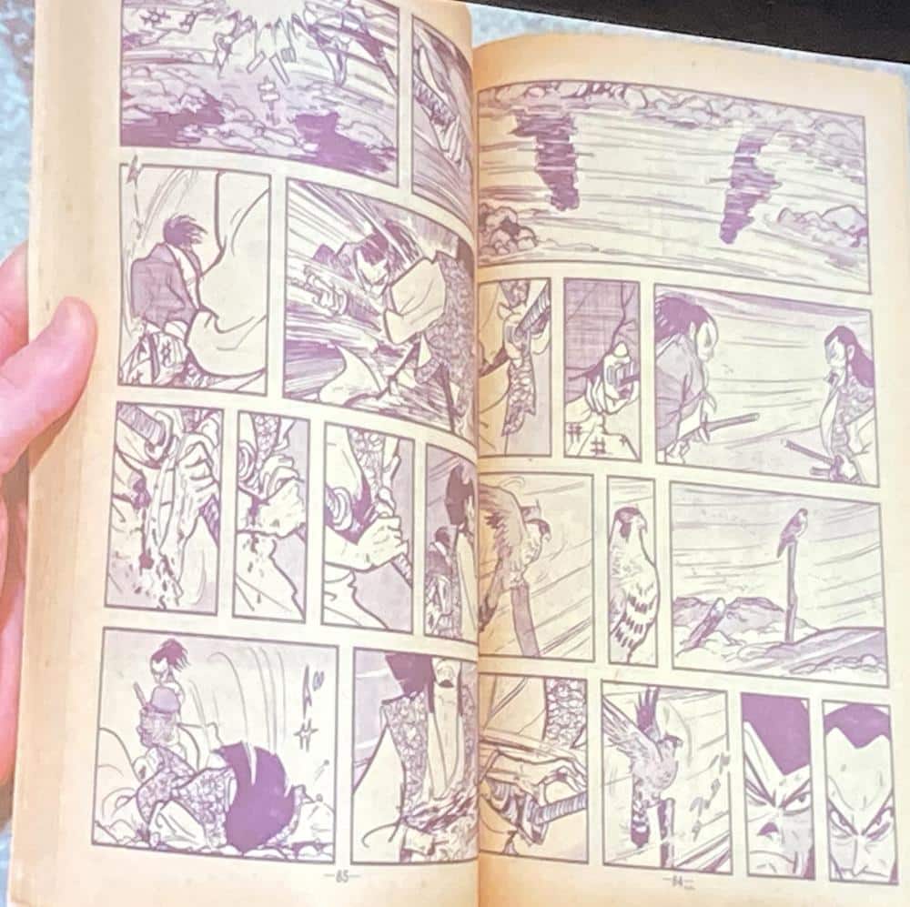 pages from legend of legend of kamui. a hawk watches a deadly conflict between two fighters, broken up into densely packed, small panels.