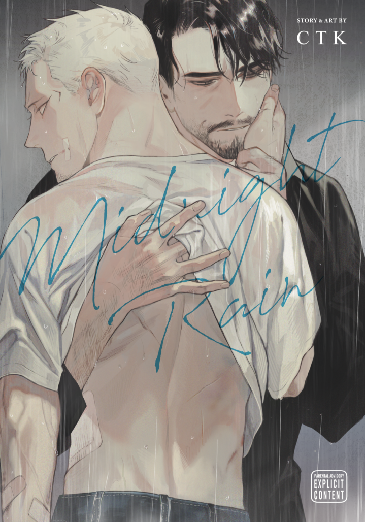 midnight rain cover. two older men, one with short white hair and a white shirt, the other with black hair and beard and a black shirt, gently hold each other in the rain.