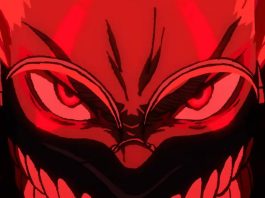 dandadan okarun and turbo granny fusion. red, angry eyes, big teeth