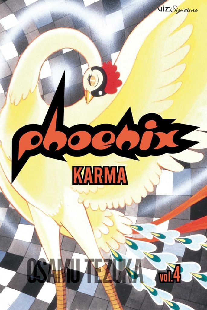 the cover of phoenix: karma. a shining yellow bird curves its neck. Its gentle eyes are closed.