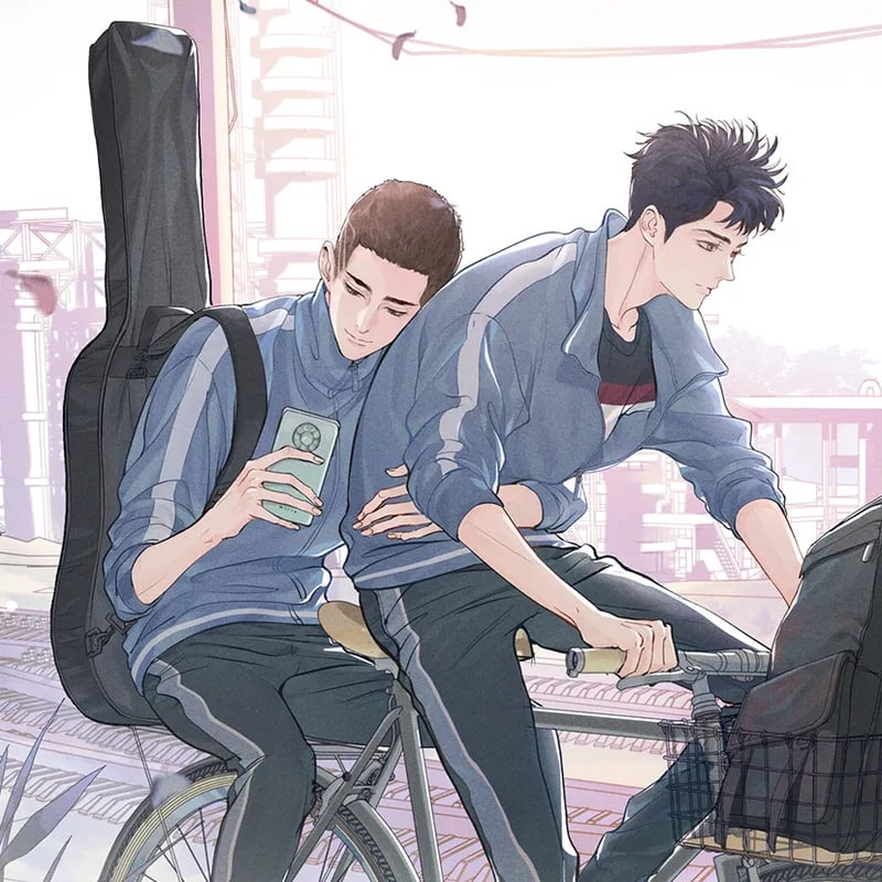 two teenage boys wearing blue and white school jackets ride together on a bicycle. the one in the back has short hair and a guitar slung over his shoulder. he is looking at a smartphone in his hand; a base clef is cut into his hair. a backpack is stuck in the basket up front.