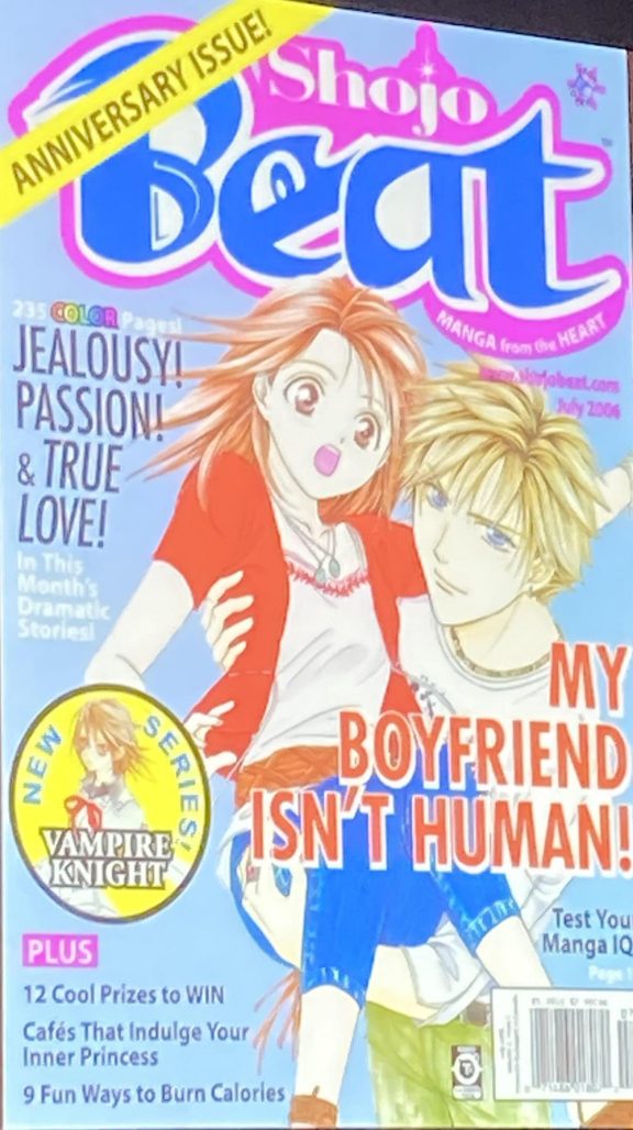 cover of shojo beat. a young man in a white shirt holds a young woman wearing a red jacket and white top. text reads: "my boyfriend isn't human! jealousy! passion! & true love!"